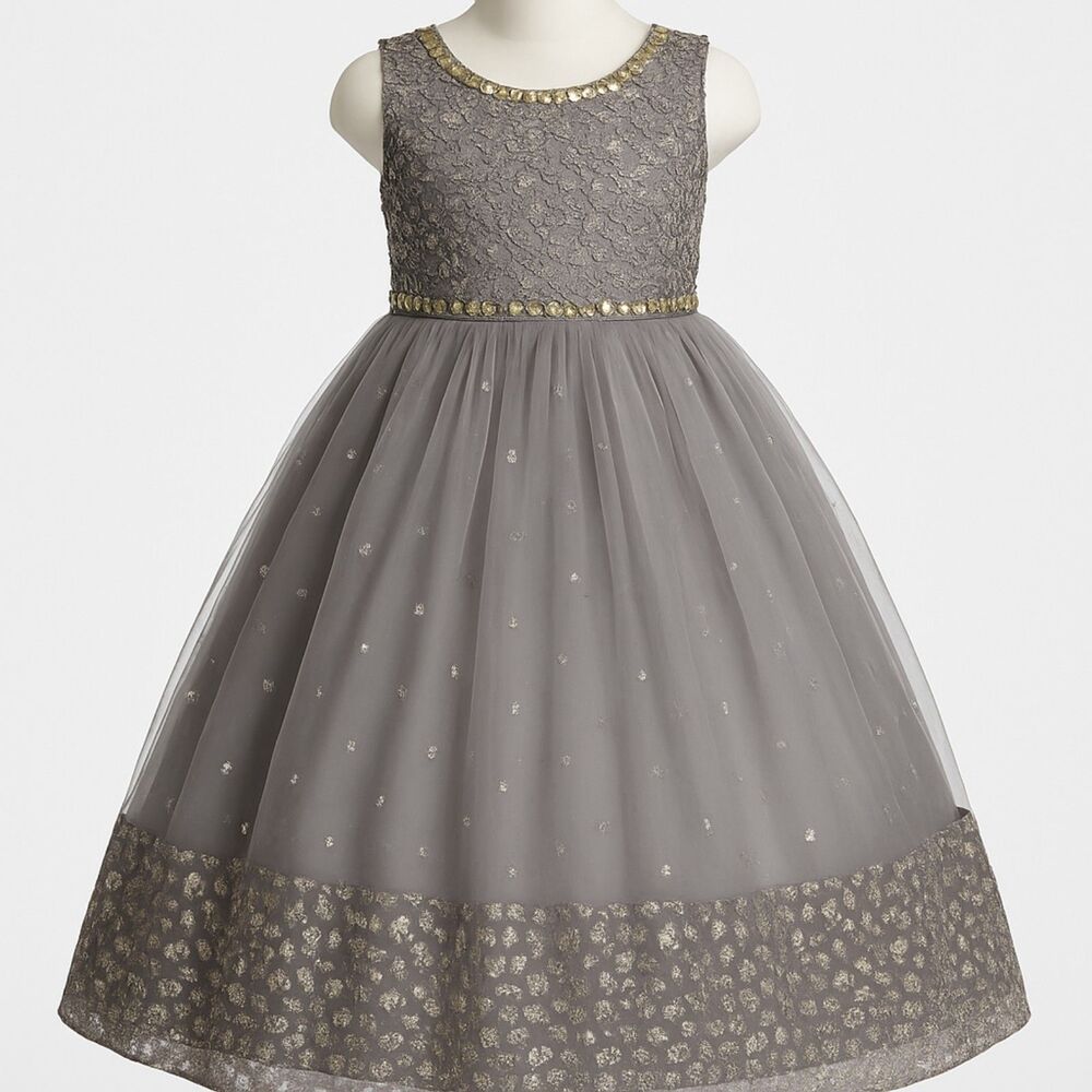 Girls Gray Sequin Tulle Party Dress Gold Mirror Embroidered Sleeveless Gown